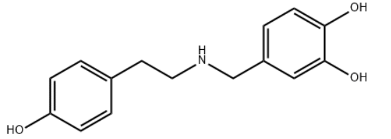 Structure of 1,2-Benzenediol, 4-[[[2-(4-hydroxyphenyl)ethyl]amino]methyl] CAS 6053-00-5