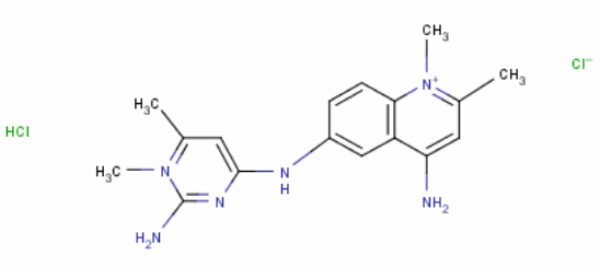 Structure of 4-amino-6-(2-amino-1,6-dimethyl-4-pyrimidinioamino)-1,2-dimethylquinolinium dichloride CAS 23609-65-6